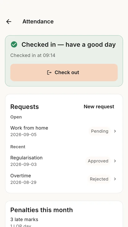 Lekhia attendance screen: checked in for the day, with open and recent requests below.
