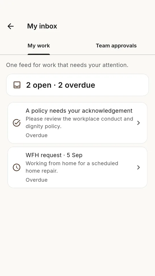 Lekhia inbox screen: one feed of work that needs your attention, with open items listed.