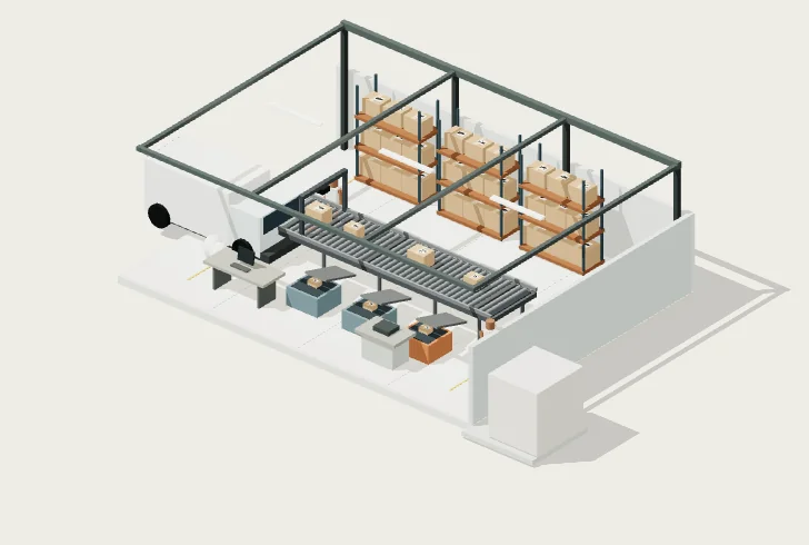 Cutaway of a sorting hub with a truck, people, scan station and route bins