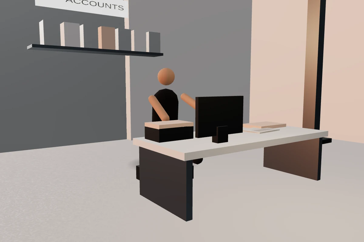 A Delv team member at the account desk with a screen and ledger, reconciling the day's cash.