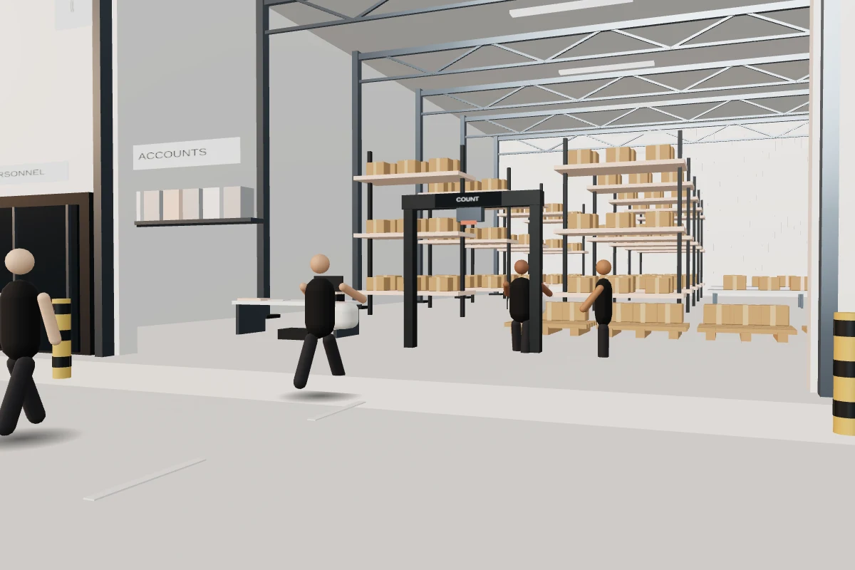 Two Delv team members in black tees carry bags from a line-haul truck into the hub's open dock door.