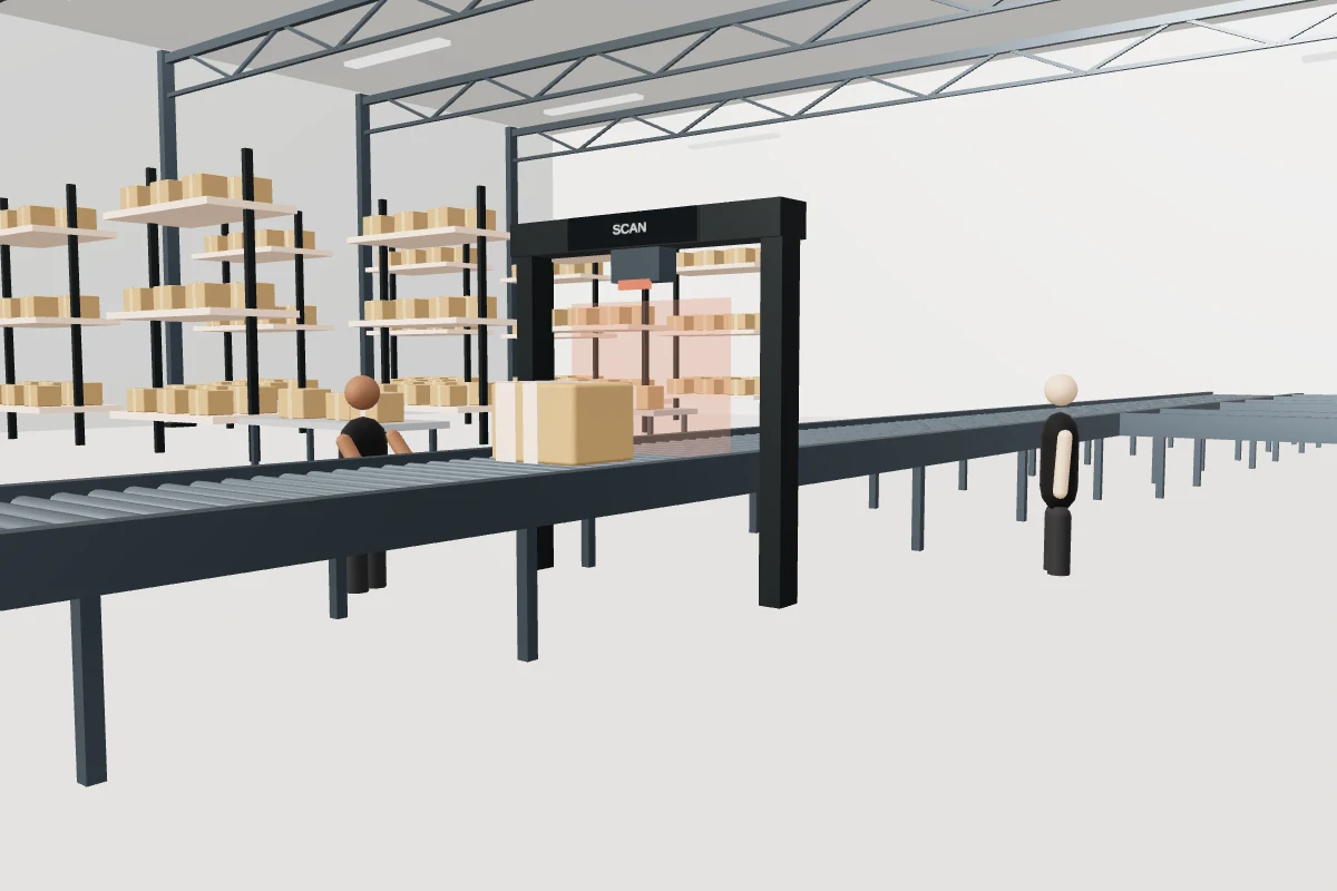 A parcel passes through the scan gate on the sorting belt while a Delv team member watches.