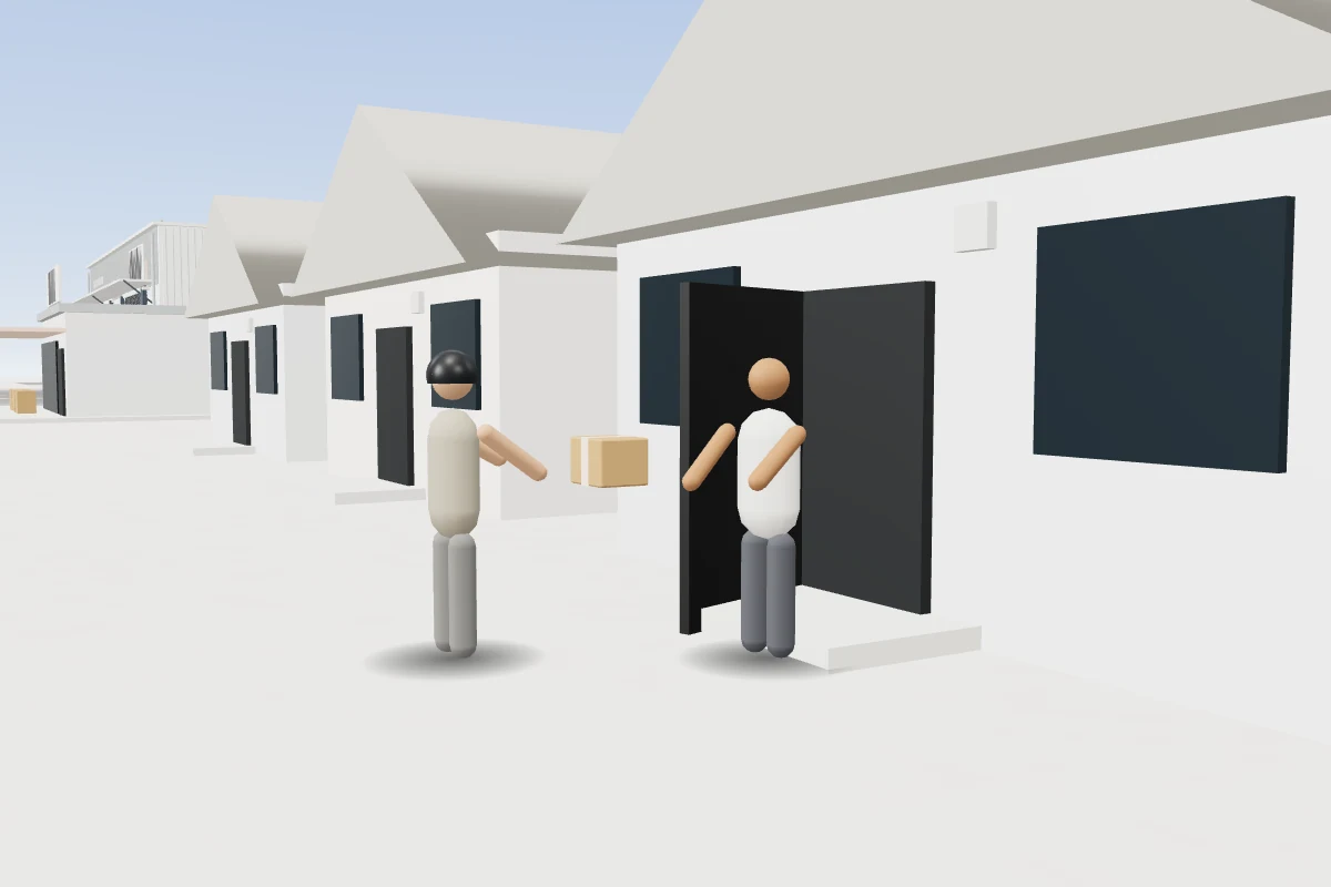 A rider hands a parcel to a customer at an open front door.